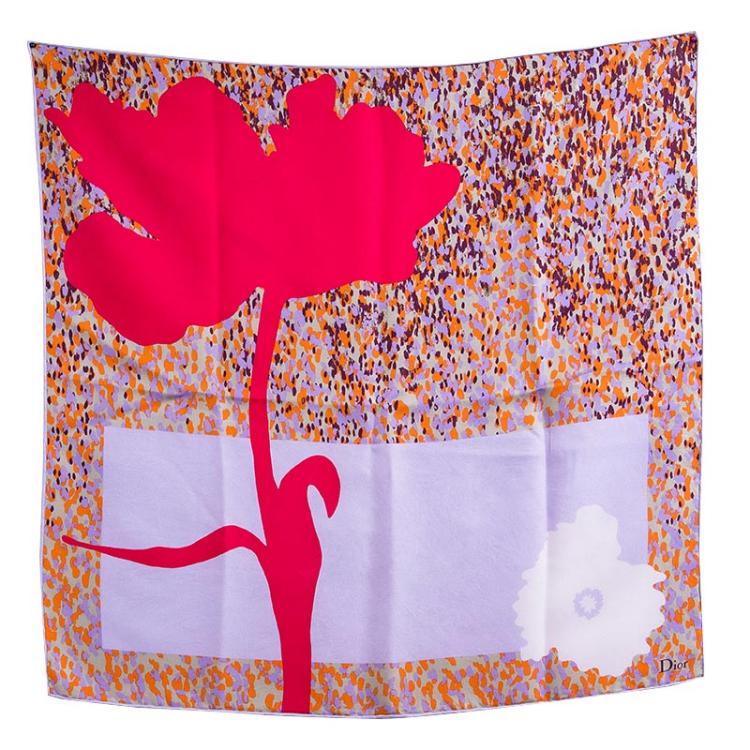 Pre Owned Dior Lilac Floral Print Square Silk Scarf