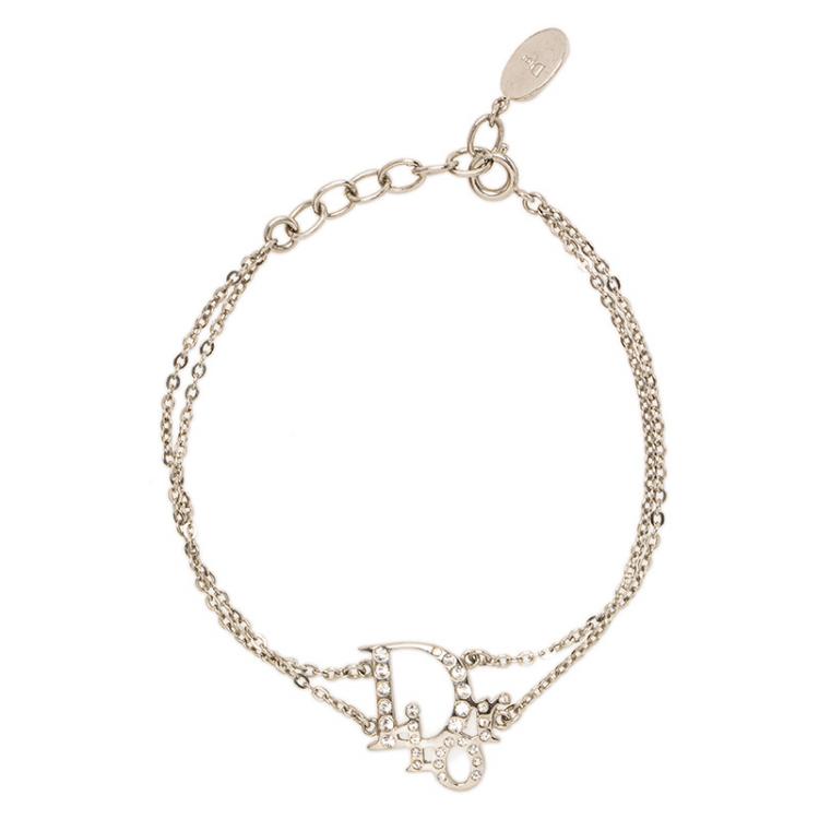Pre Owned Dior Oblique Crystal Logo Silver Tone Bracelet