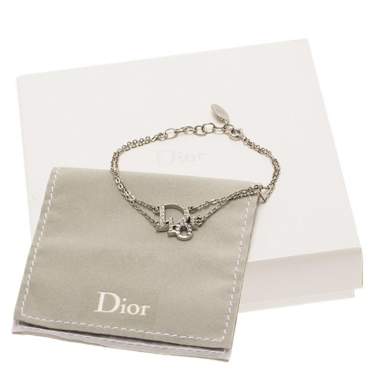 Pre Owned Dior Oblique Crystal Logo Silver Tone Bracelet