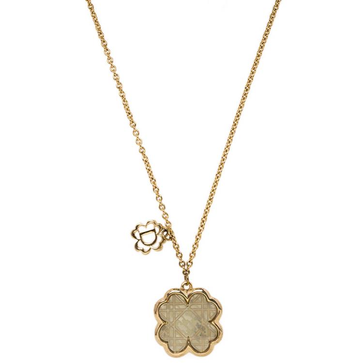Pre Owned Dior Clover Detailed Gold Tone Necklace
