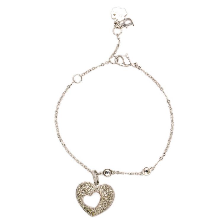 Pre Owned Dior Crystal Heart Tag Silver Tone Bracelet