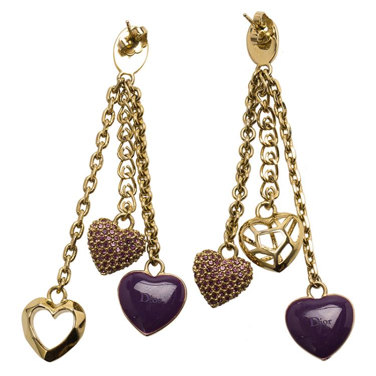 Pre Owned Dior Hearts Lilac Enamel and Crystals Gold Tone Long Earrings