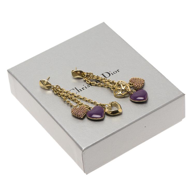 Pre Owned Dior Hearts Lilac Enamel and Crystals Gold Tone Long Earrings