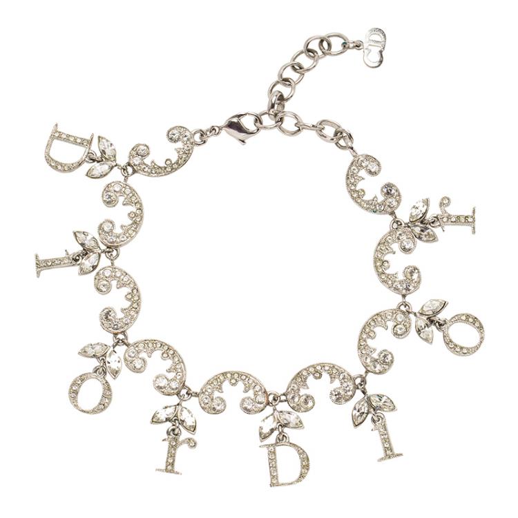 Pre Owned Dior Logo Crystal Studded Silver Tone Bracelet