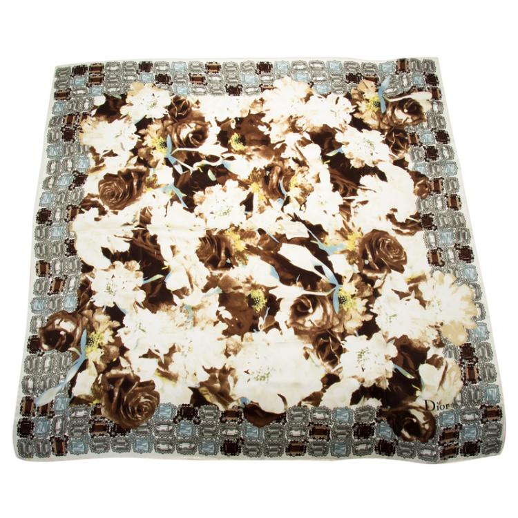 Pre Owned Dior Monochrome Flower and Jewels Printed Square Silk Scarf