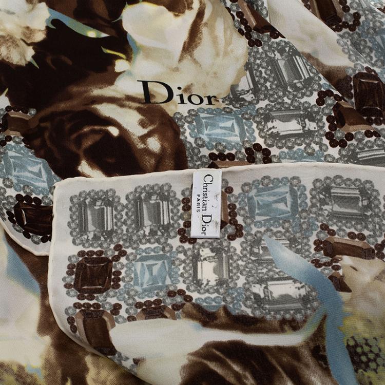Pre Owned Dior Monochrome Flower and Jewels Printed Square Silk Scarf