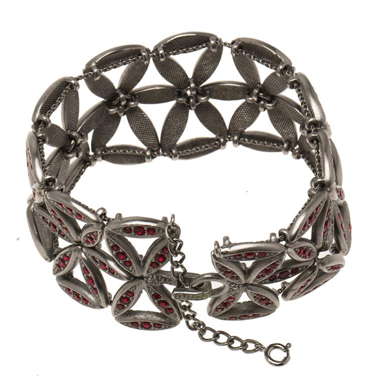 Pre Owned Dior Red Crystals Silver Tone Wide Bracelet 20cm