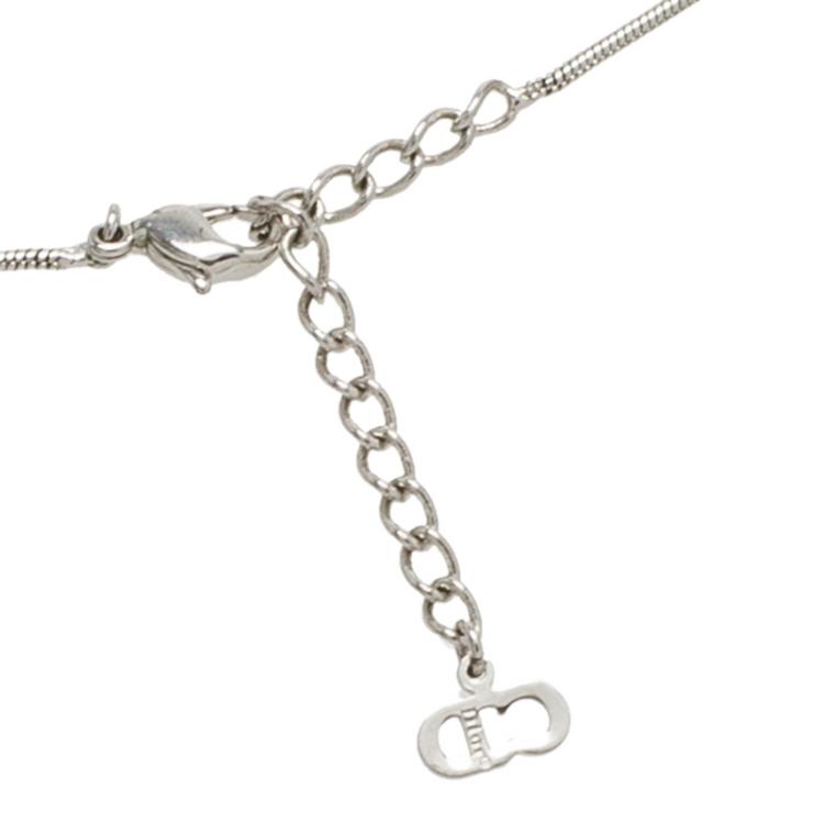 Pre Owned Dior Tag Crystal Logo Silver Tone Necklace
