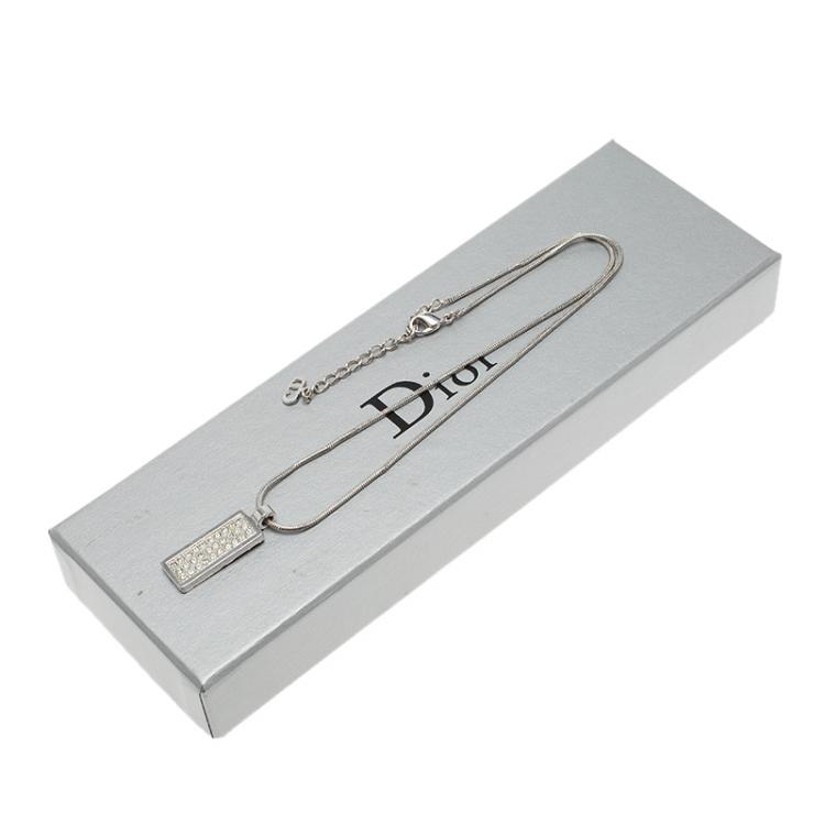 Pre Owned Dior Tag Crystal Logo Silver Tone Necklace