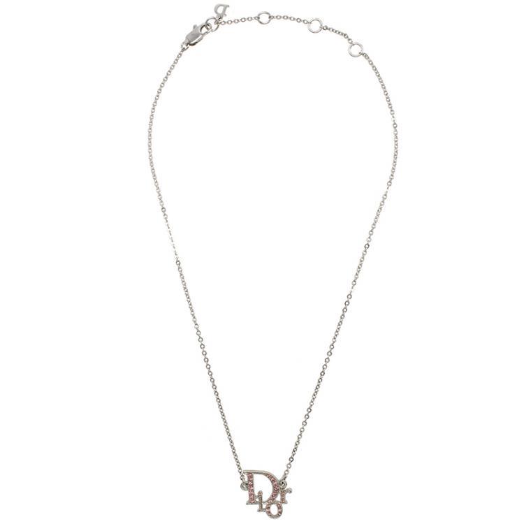 Pre Owned Dior Logo Pink Crystal Silver Tone Necklace