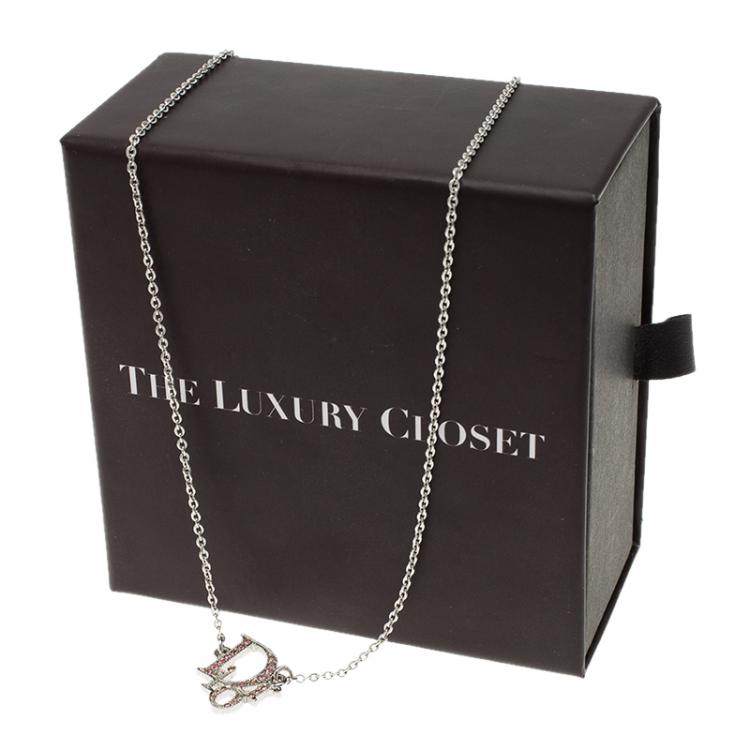 Pre Owned Dior Logo Pink Crystal Silver Tone Necklace
