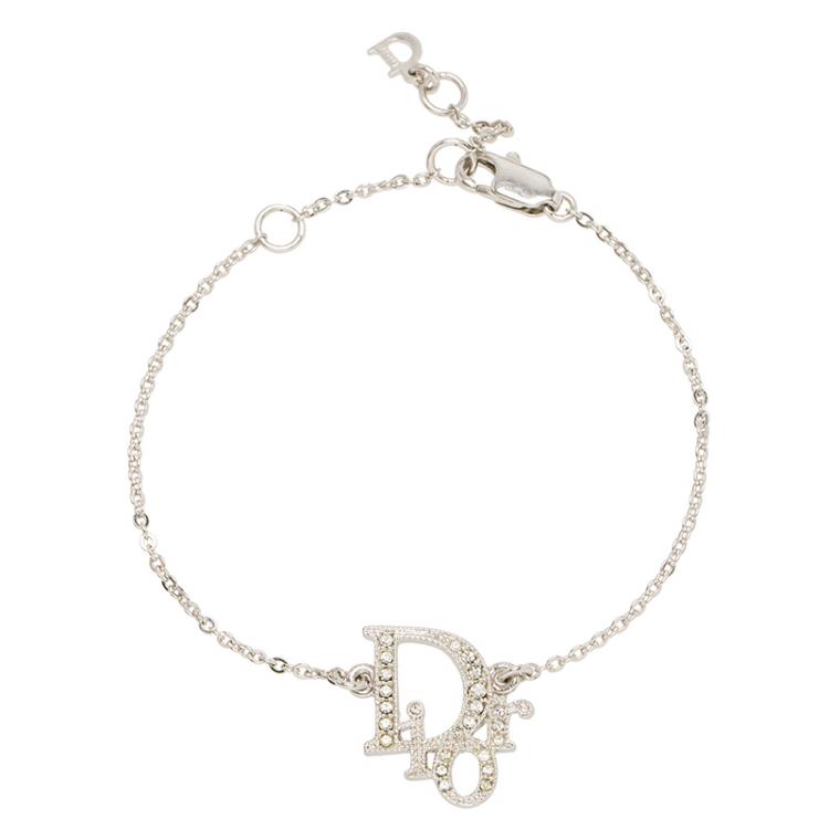 Pre Owned Dior Silver Metal and Crystal Oblique Bracelet
