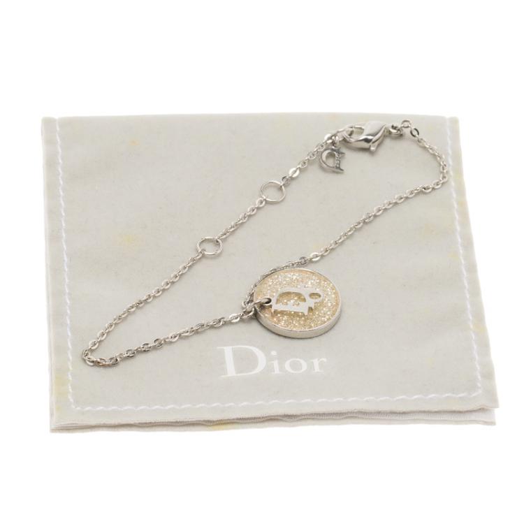 Pre Owned Dior Silver Metal Oblique Logo charm Bracelet