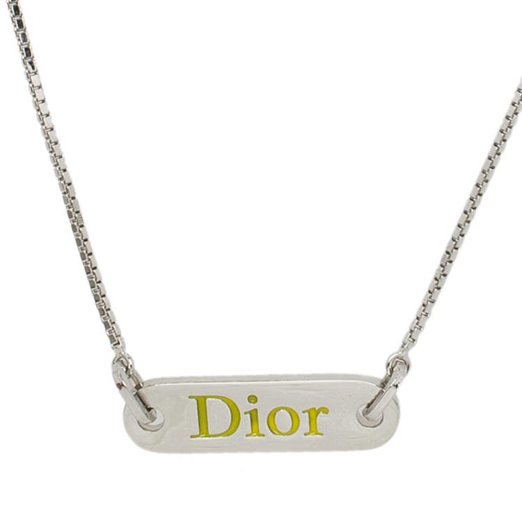 Pre Owned Dior Silver Tone Logo Tag Necklace
