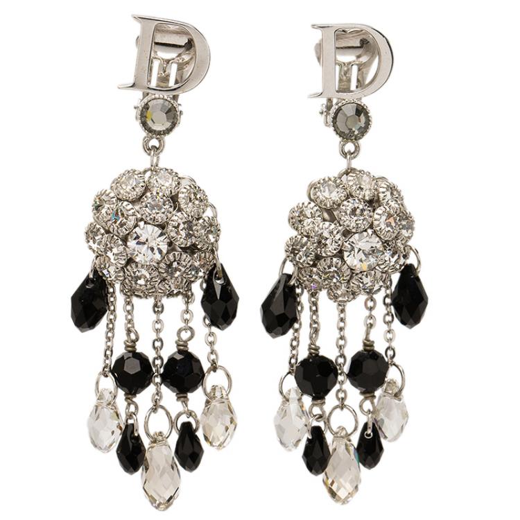 Pre Owned Dior Logo Crystal Beads Silver Tone Chandelier Clip-on Earrings 