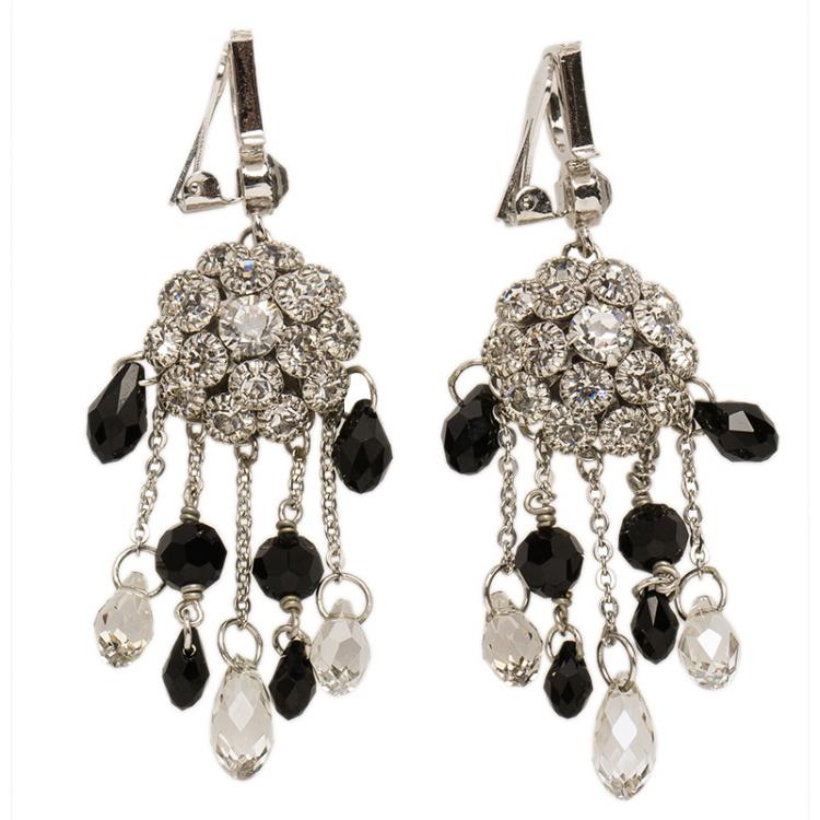 Pre Owned Dior Logo Crystal Beads Silver Tone Chandelier Clip-on Earrings 