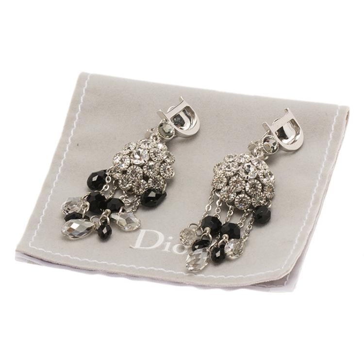 Pre Owned Dior Logo Crystal Beads Silver Tone Chandelier Clip-on Earrings 