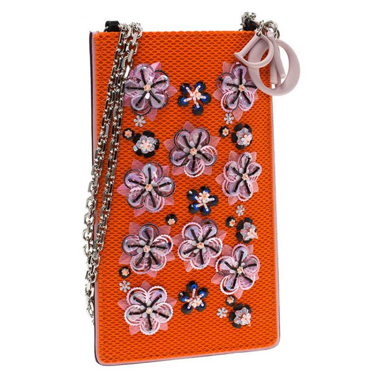 Pre Owned Dior Orange Leather and Fabric Stardust Embellished IPhone Pouch