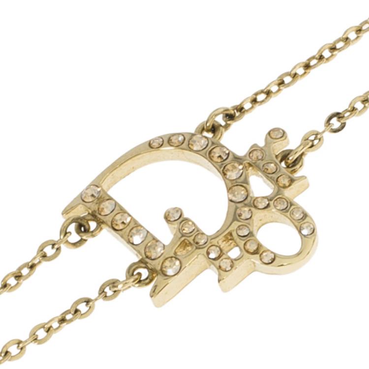 Pre Owned Dior Oblique Crystal Logo Gold Tone Bracelet