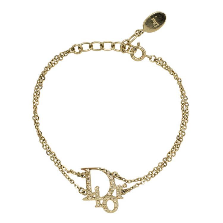 Pre Owned Dior Oblique Crystal Logo Gold Tone Bracelet