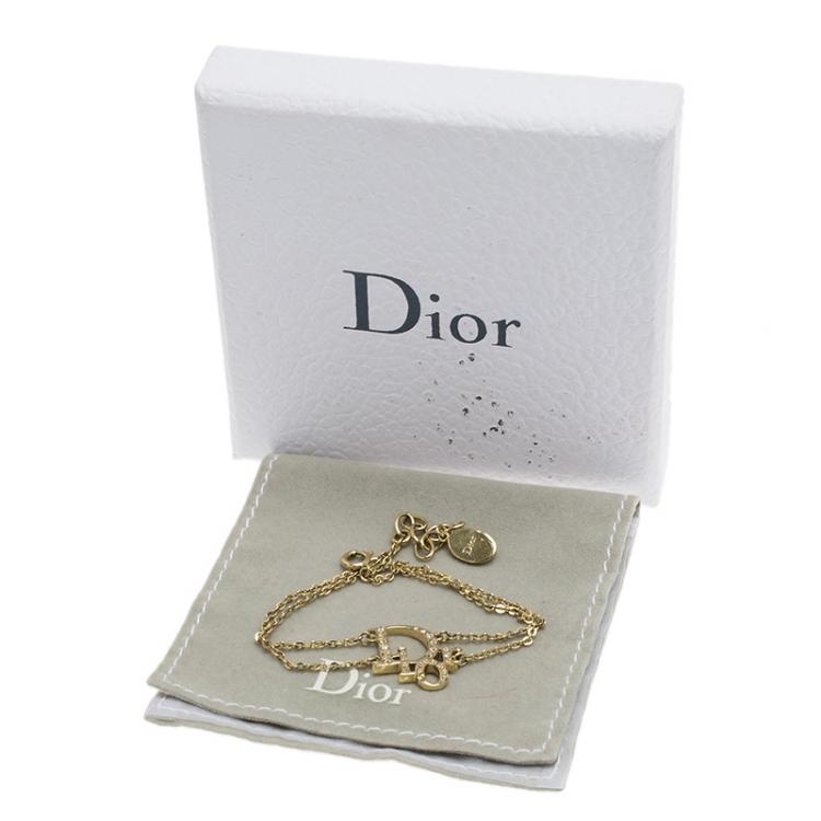 Pre Owned Dior Oblique Crystal Logo Gold Tone Bracelet