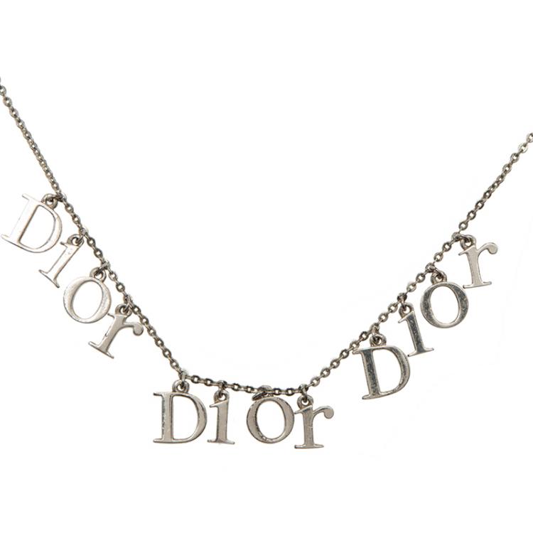 Pre Owned Dior Logo charms Silver Tone Necklace