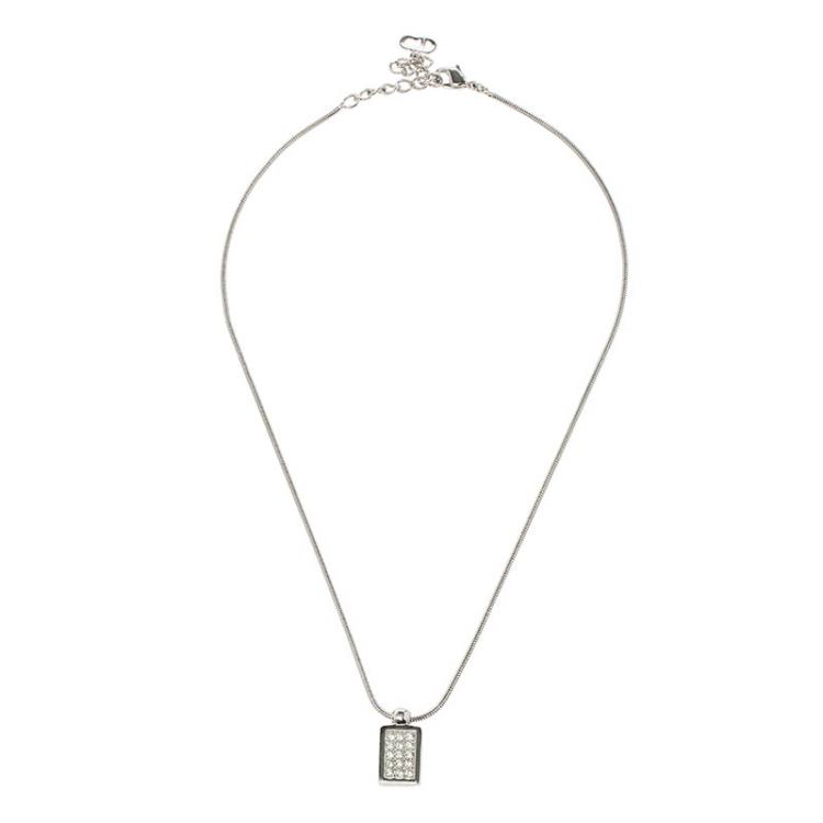 Pre Owned Dior Tag Crystal Logo Silver Tone Necklace