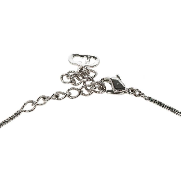 Pre Owned Dior Tag Crystal Logo Silver Tone Necklace