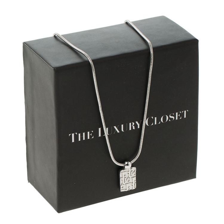 Pre Owned Dior Tag Crystal Logo Silver Tone Necklace