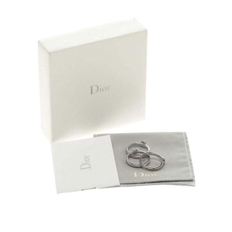 Pre Owned Dior Crystal Enamel Hearts Silver Tone 3 Stackable Rings Size 52