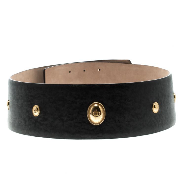 مملوكة مسبقًا Dior Black Leather Logo Embellished Waist Belt 80 CM