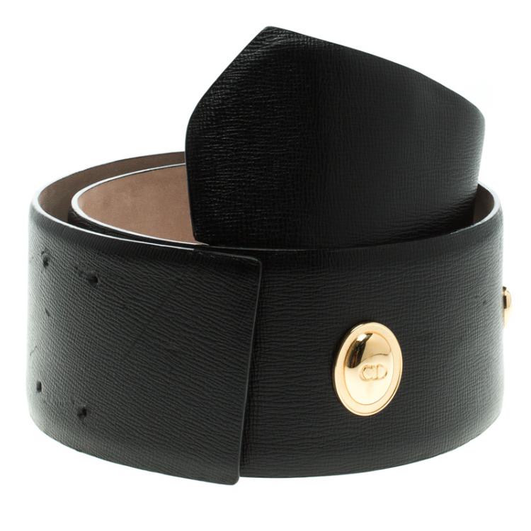 مملوكة مسبقًا Dior Black Leather Logo Embellished Waist Belt 80 CM