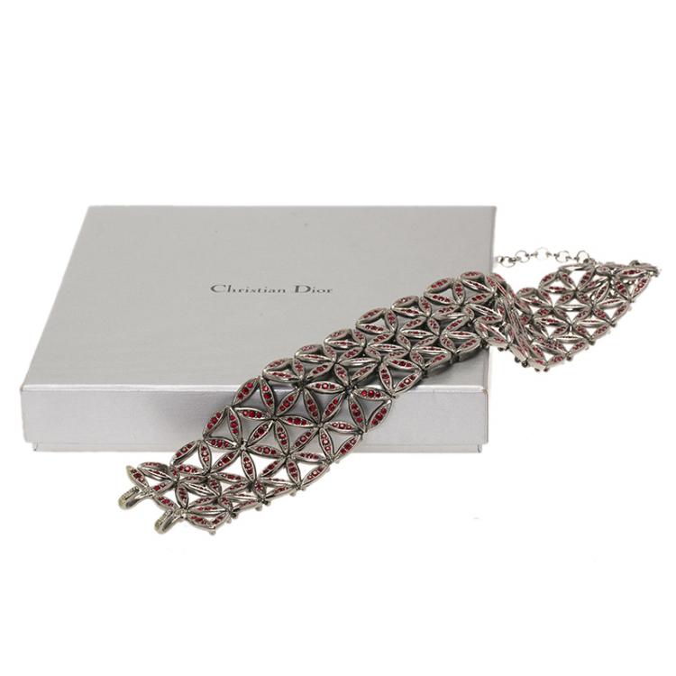 Pre Owned Dior Red Crystals Silver Tone Choker Necklace