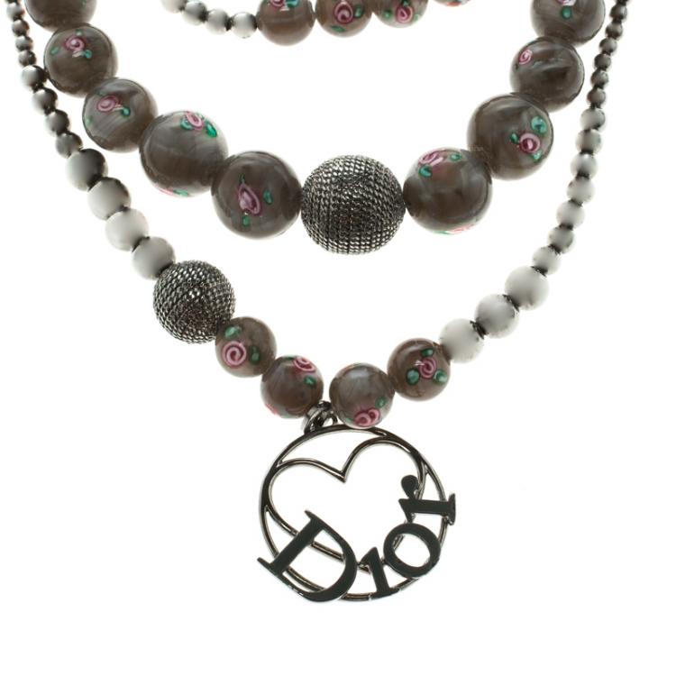 Pre Owned Dior Grey Bead  Silver Tone Multichain Necklace