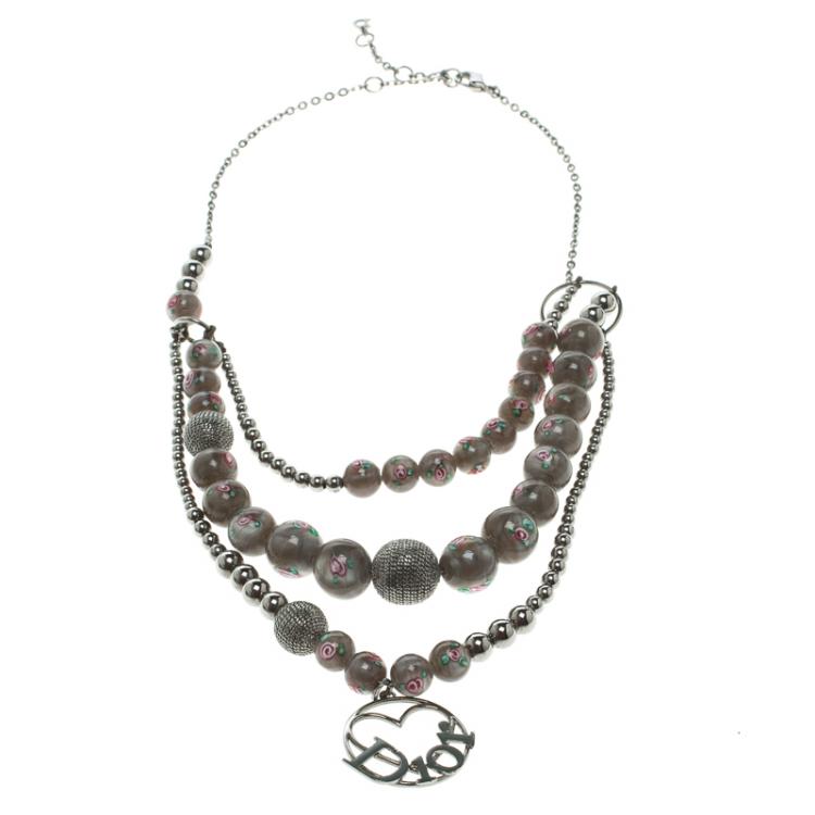 Pre Owned Dior Grey Bead  Silver Tone Multichain Necklace