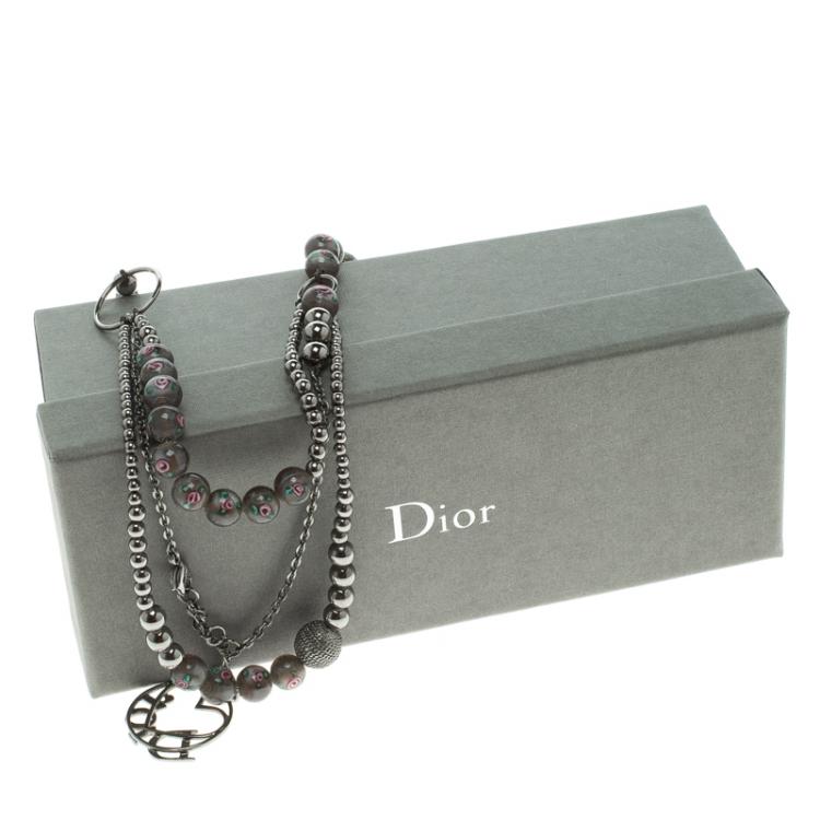 Pre Owned Dior Grey Bead  Silver Tone Multichain Necklace