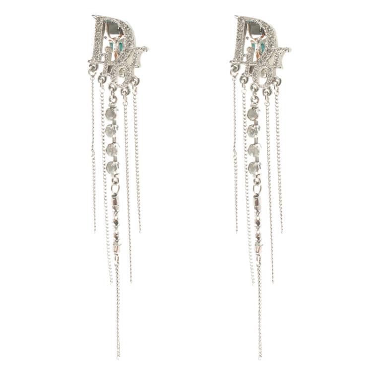 Pre Owned Dior Logo Crystal Silver Tone Long Clip-on Earrings