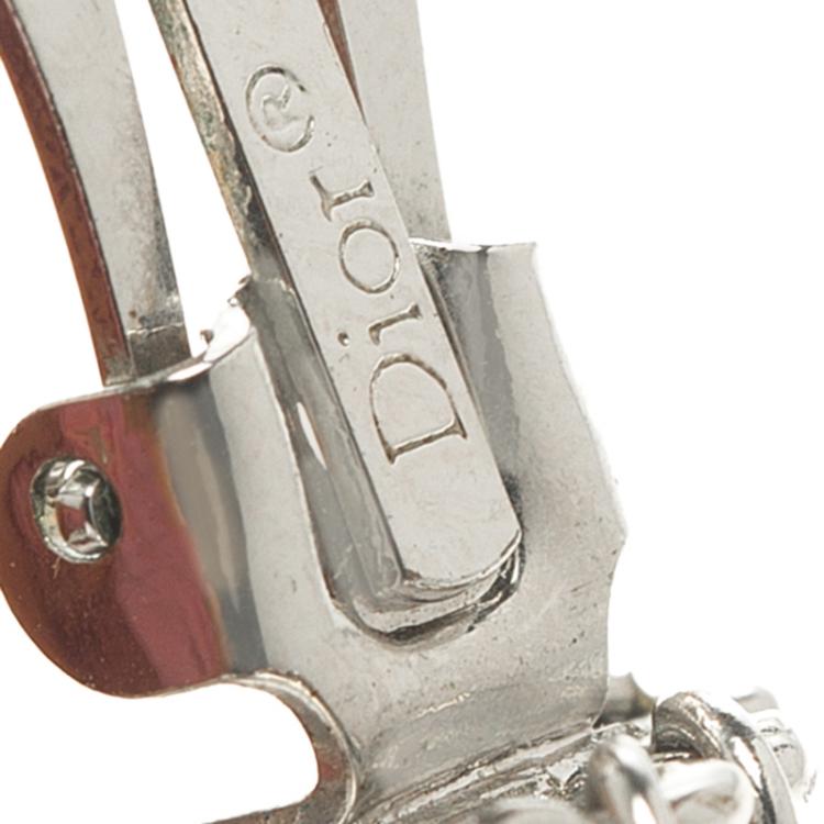 Pre Owned Dior Logo Crystal Silver Tone Long Clip-on Earrings