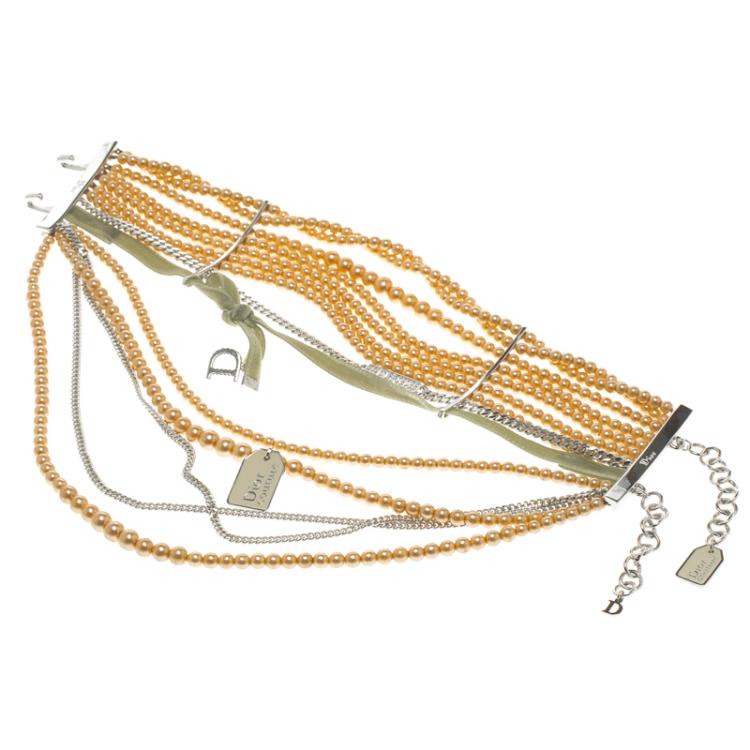 Pre Owned Dior Couture Faux Pearl Silver Tone Multistrand Choker Necklace