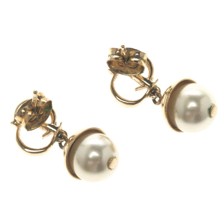 Pre Owned Dior Mise en Dior Faux Pearl Gold Tone Drop Earrings