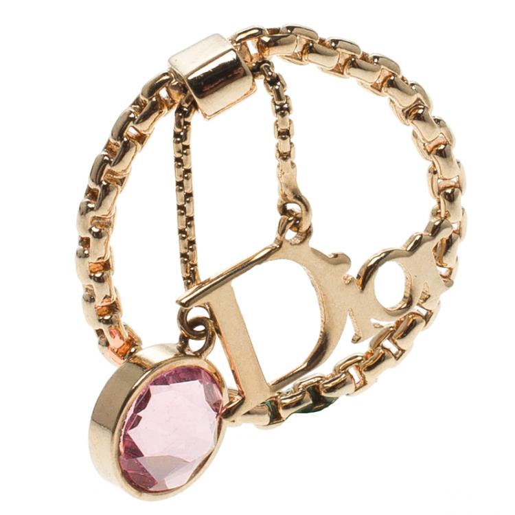 مملوكة مسبقًا Dior Pink Crystal Gold Tone Ring Size 51