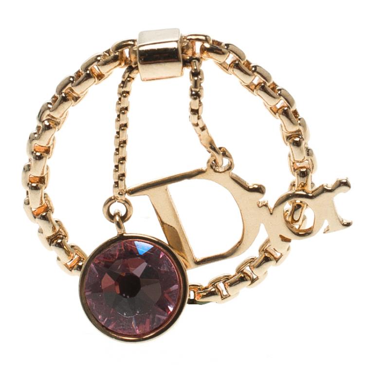 مملوكة مسبقًا Dior Pink Crystal Gold Tone Ring Size 51