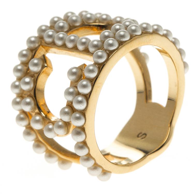 Pre Owned Dior Your Dior Faux Pearl Gold Tone Ring Size 52