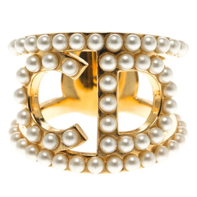 Pre Owned Dior Your Dior Faux Pearl Gold Tone Ring Size 52