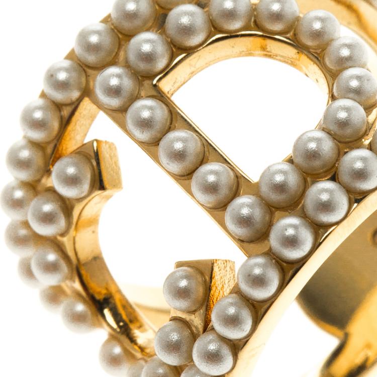 Pre Owned Dior Your Dior Faux Pearl Gold Tone Ring Size 52
