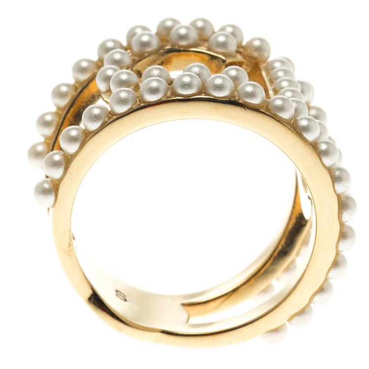 Pre Owned Dior Your Dior Faux Pearl Gold Tone Ring Size 52