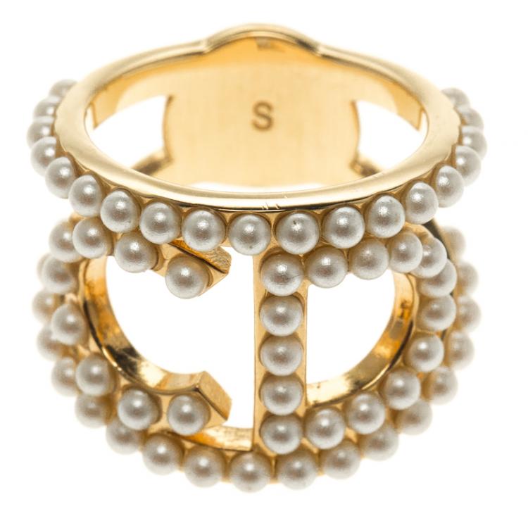 Pre Owned Dior Your Dior Faux Pearl Gold Tone Ring Size 52