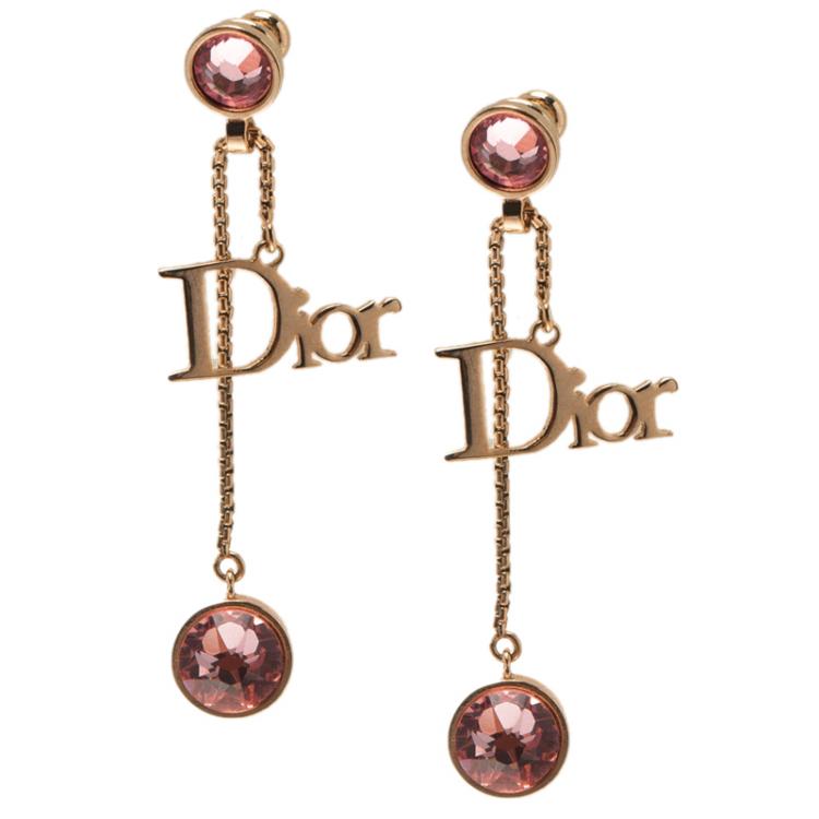 Pre Owned Dior Pink Crystal Gold Tone Dangle Earrings