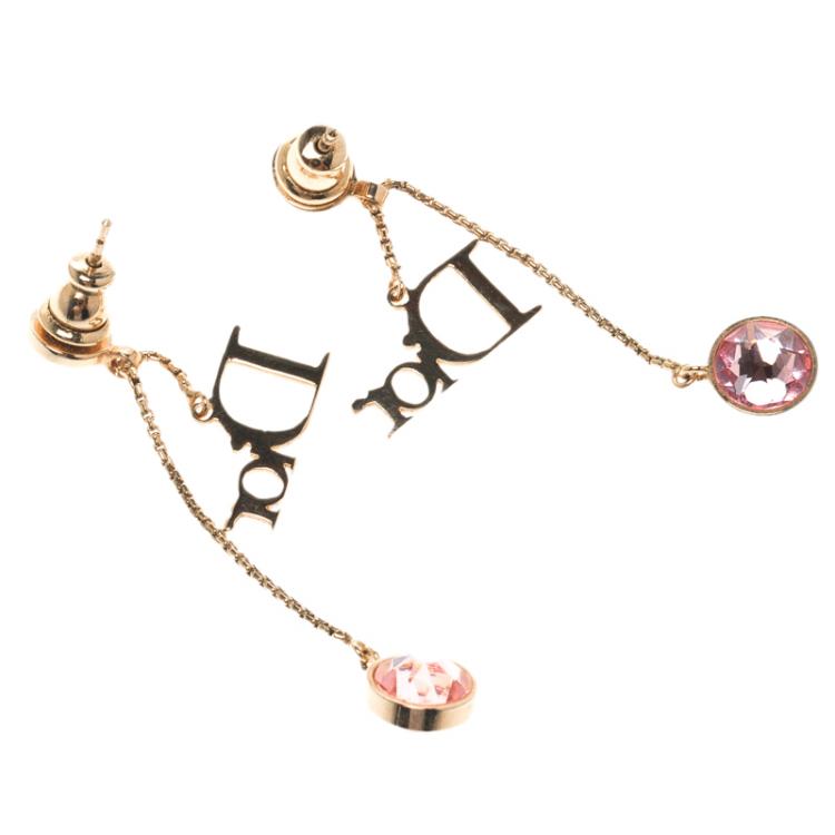 Pre Owned Dior Pink Crystal Gold Tone Dangle Earrings