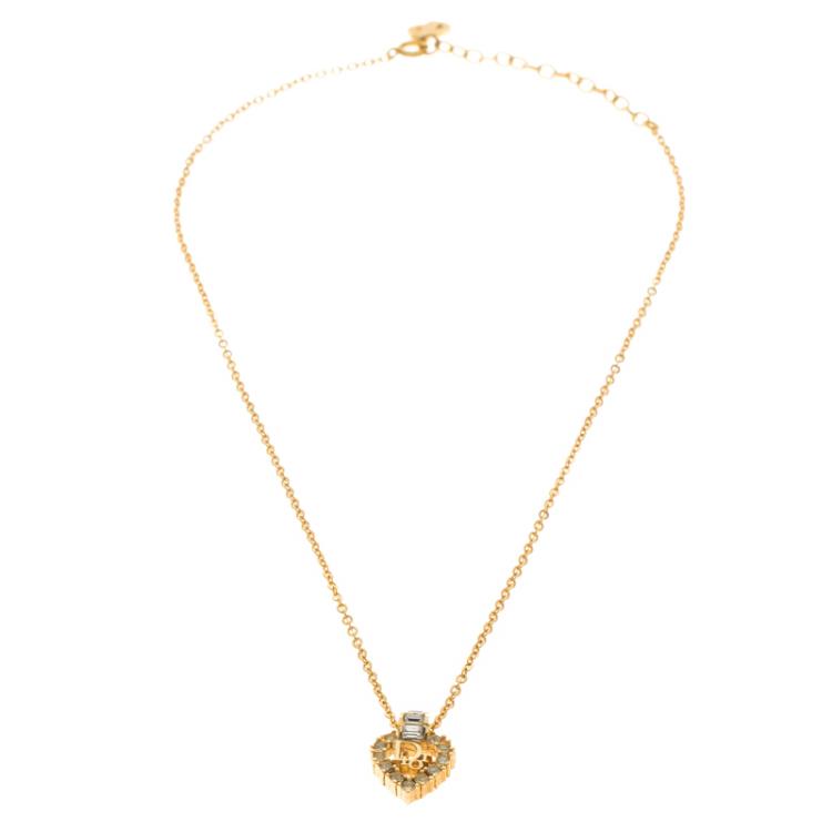 Pre Owned Dior Crystal Heart & Gold Tone Necklace